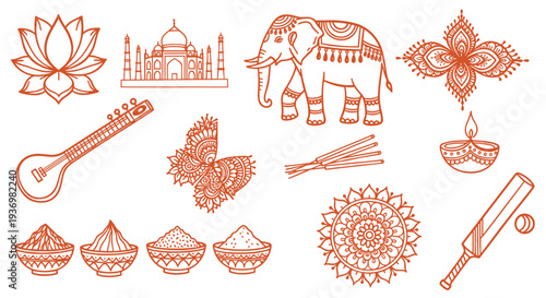 Indian Cultural Icons Collection Featuring Taj Mahal Elephant Lotus Flower Sitar Cricket Bat and Traditional Symbols