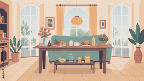 Cozy living room with teal sofa wooden table and plants in a bright and airy interior with large windows and a warm atmosphere