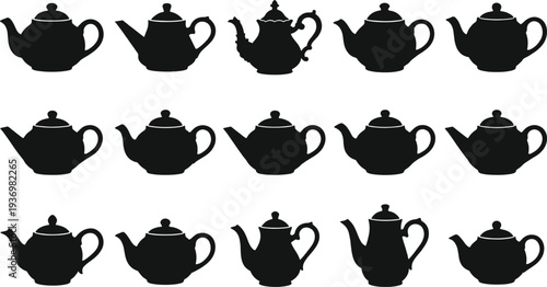 Classic teapot silhouette icon collection with various traditional tea pot shapes, black kitchen utensil vector set for cafe branding, restaurant menus,