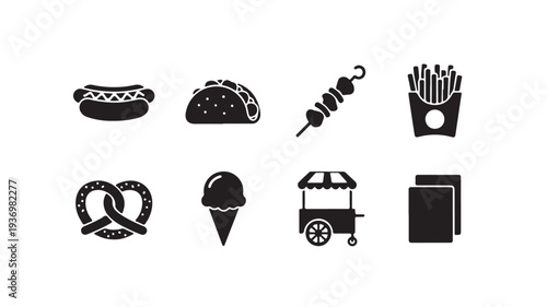 Fast Food Snacks and Street Vendor Icons Set