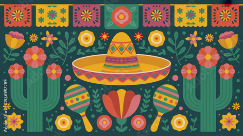 Vibrant mexican fiesta background with sombrero cacti flowers and maracas for party decorations and celebrations