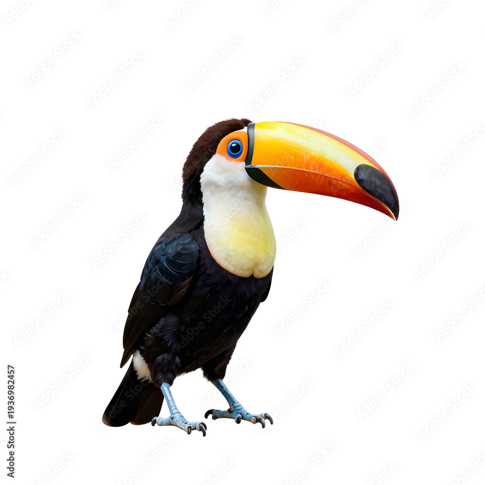 Fototapeta premium Isolated toco toucan standing tall against a plain white background