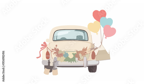 Retro Wedding Car with Flowers and Balloons Back View Cartoon Vector Illustration