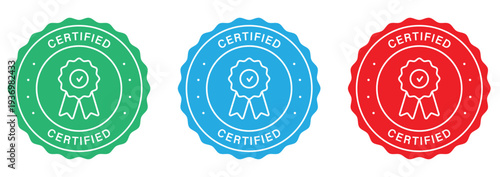 Collection of certified badges with ribbon and checkmark icons simple flat vector illustration 