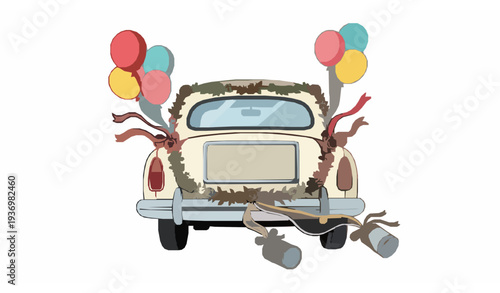 Just Married Retro Wedding Car with Floral Decorations and Balloons Cartoon Vector