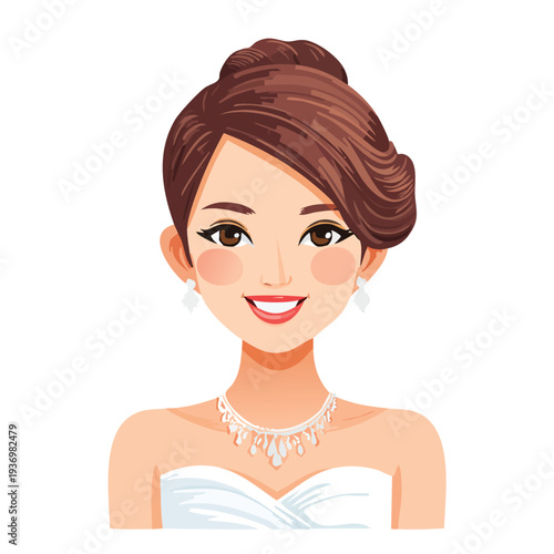 Woman with elegant hairstyle smiling wearing necklace and earrings