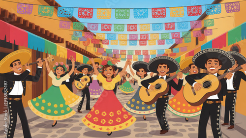 Vibrant mexican mariachi band performing with dancers in traditional attire colorful papel picado banners and festive decorations in a lively street celebration