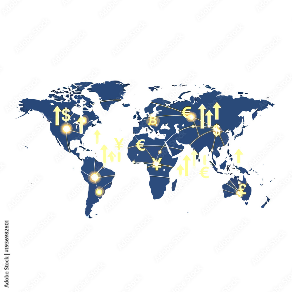 Fototapeta premium Global financial network with world map, currency symbols, and upward arrows depicting international economic growth, exchange, and market trends.