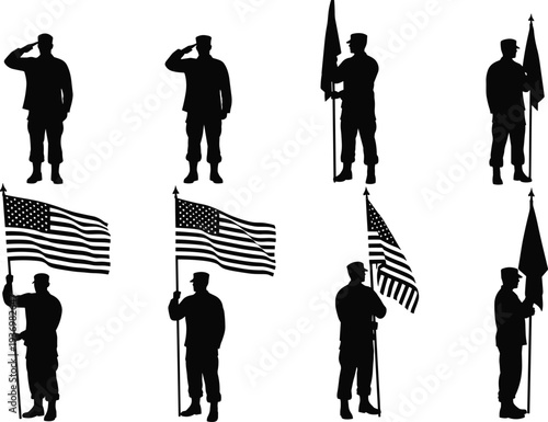 Military Soldier Silhouettes Set with American Flag Patriotic Army Veterans Saluting and Holding US Flags for Memorial Day and Veterans Day
