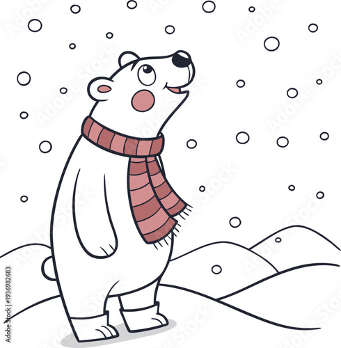 Coloring page Charming white polar bear wearing red scarf in snowy landscape vector illustration