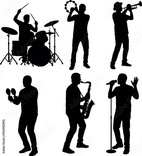 Silhouettes of musicians playing instruments drummer, tambourine player, trumpeter, maraca player, saxophonist, and singer