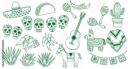 Mexican Fiesta Celebration Elements Collection Featuring Sombrero Cactus Guitar Pinata and Sugar Skulls