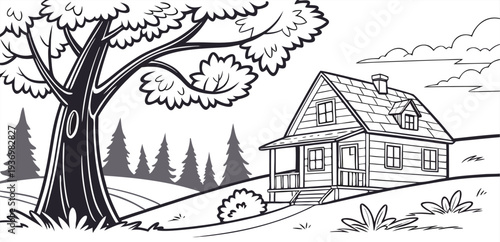 Coloring page Hand drawn cartoon house near large tree in countryside vector illustration