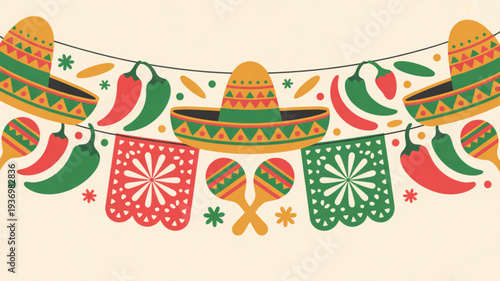 Vibrant mexican fiesta party garland with sombreros chili peppers and maracas on cream background