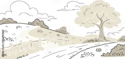 Coloring page  Whimsical beige countryside landscape with rolling hills and trees vector illustration