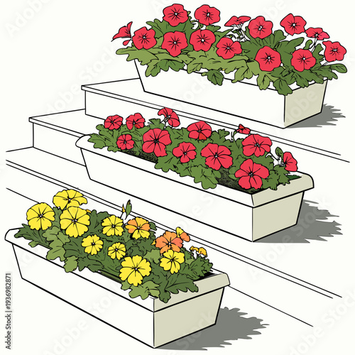 Decorative potted garden with three planters on steps