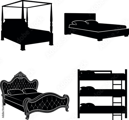 Collection of four different bed silhouettes canopy, platform, ornate, and bunk beds