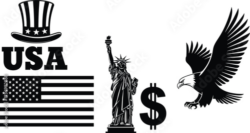 Patriotic American symbols set featuring bald eagle Statue of Liberty USA flag uncle sam hat and dollar sign for Fourth of July design.eps