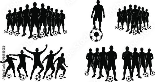 Professional soccer team silhouettes featuring group players with footballs celebration poses and standing positions for sports competition tournament vector design elements