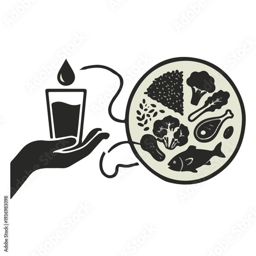 Healthy eating plate with water glass and balanced food portions