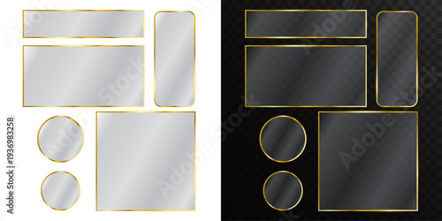 Gold photo frame with glass effect and golden glow on transparent background. PNG isolated glass banner and gold glass panel for luxury UI design and decorative projects.