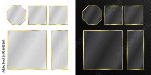 Gold glass panel with golden glass banner isolated on transparent background. PNG glass frame with luxury glow for elegant decorative projects and creative UI design elements.