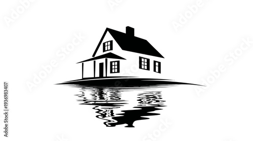 A monochrome illustration of a house with its reflection in water. It depicts a serene, tranquil setting