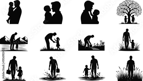 Set of Father and Child Silhouettes Featuring Dad Holding Baby Walking Together and Playing Outdoors for Happy Fathers Day Concept Illustration