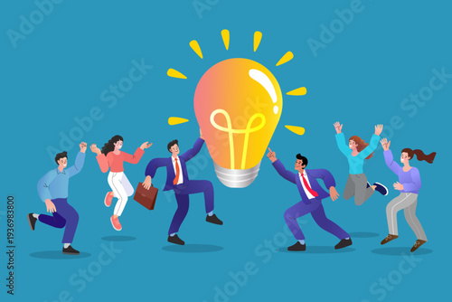 Successful business team celebrating around large glowing lightbulb for creative solution and inspiration. Character design for brainstorming startup and innovative strategy to find new opportunity