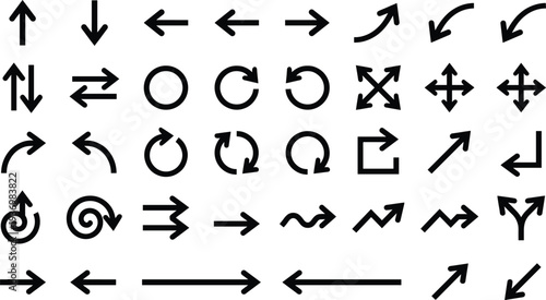Arrow direction and navigation icon collection featuring curved, straight, circular, and diagonal arrows for user interface design, web navigation, infographic elements, and directional indicators.