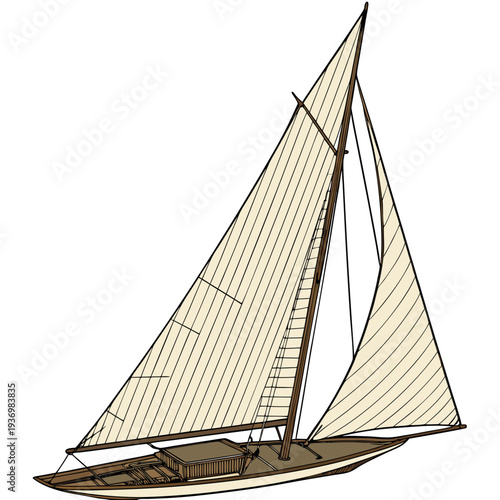 Wooden sailboat with beige sails sailing boat nautical
