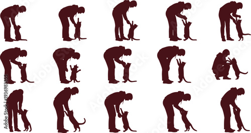 Vector silhouettes set of person interacting with pet cat featuring feeding playing and bonding moments for animal care and veterinary service design