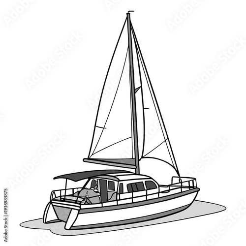 Black and white sailboat on water with large sail raised