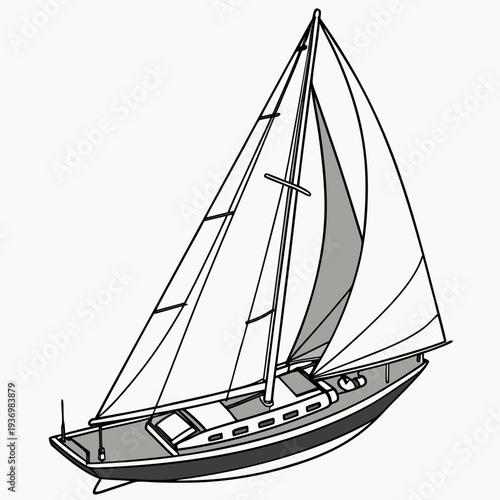 Photos Black and white sailboat with triangular mainsail and jib