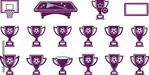 Vector sport icons set featuring pool table basketball hoop and various soccer trophy awards for tournament victory celebration and athletic achievement recognition