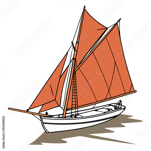 Double mast traditional sailboat with orange sails 1