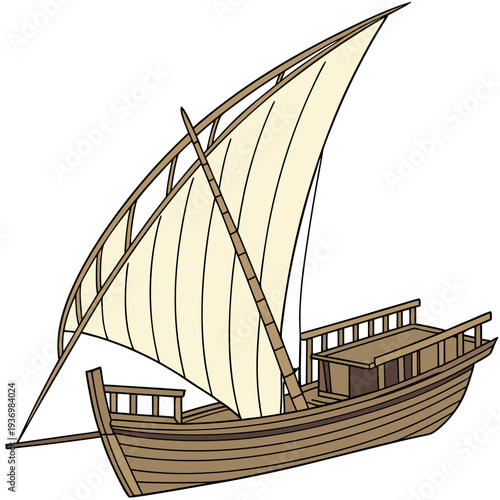 Large wooden junk boat with cream colored sail wooden boat