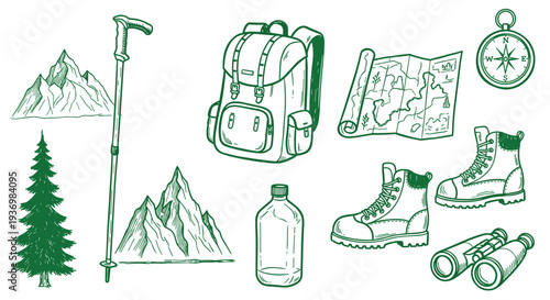 Hiking Gear Collection Backpack Boots Map Compass Bottle Mountains Tree and Trekking Pole for Outdoor Adventure