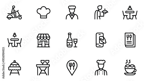 Catering restaurant service, cutlery and food delivery icons set, including plate, fork, knife, spoon, and mobile app vector illustrations