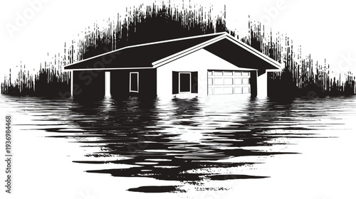 A monochrome illustration depicts a house partially submerged in water, surrounded by stylized natural elements