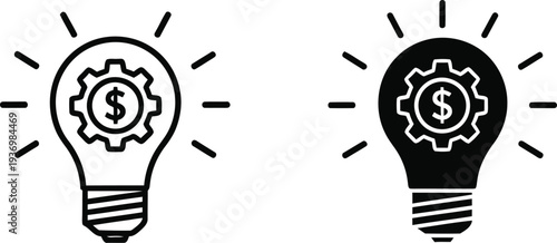 Graphic icon set featuring light bulbs with gears and dollar signs for business ideas