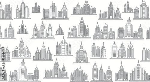 Collection of City Skyscraper Illustrations in Gray.
