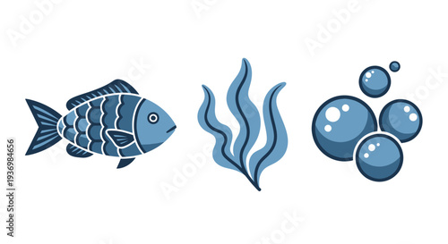 Blue Fish, Water Waves, Bubbles Illustration.