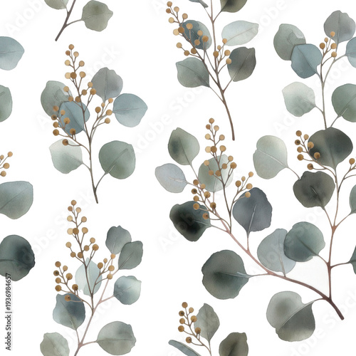 Watercolor Eucalyptus Seamless Pattern with Golden Berries