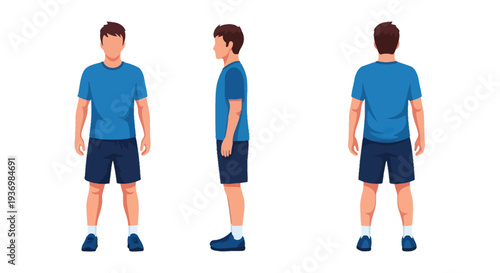 Young Man Standing in Blue Shirt and Shorts.