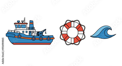 Boat Life Preserver and Wave Illustration.