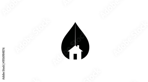A house silhouette within a black teardrop shape against a white background