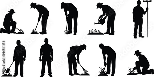 Gardener worker silhouettes set with planting, raking leaves, watering plants and garden maintenance activities isolated for landscaping and agriculture