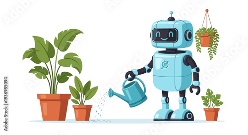 Robot Watering Plants with Watering Can.