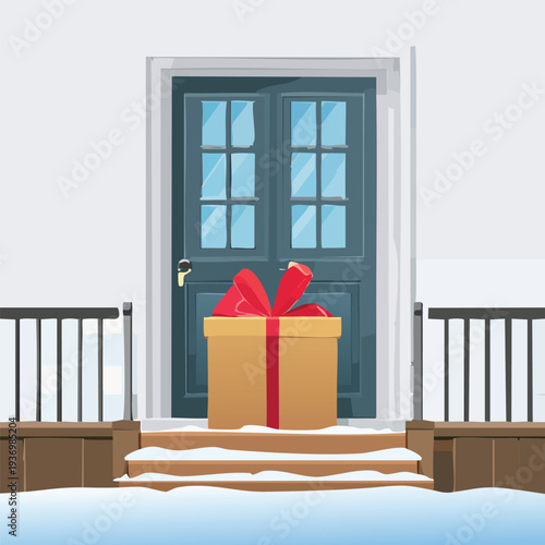 Wrapped gift box on snow covered steps by front door